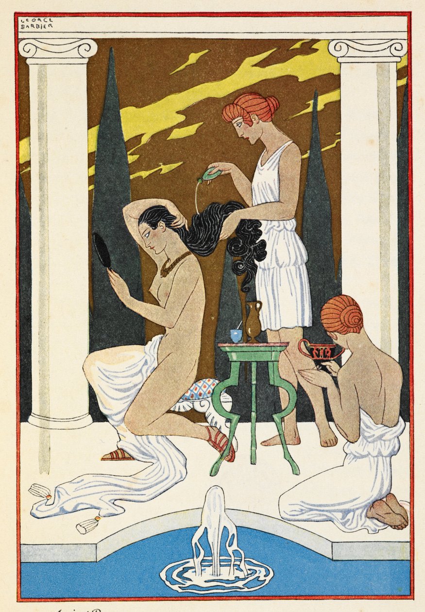 Antica Roma. Un personaggio che si fa lavare i capelli dai servi. da Georges Barbier
