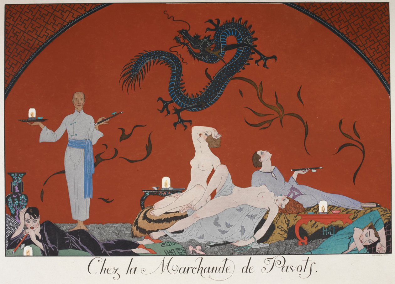 Chez la Marchande de Pasots. Persone, alcune nude, sdraiate in una stanza. Decorazione cinese. da Georges Barbier
