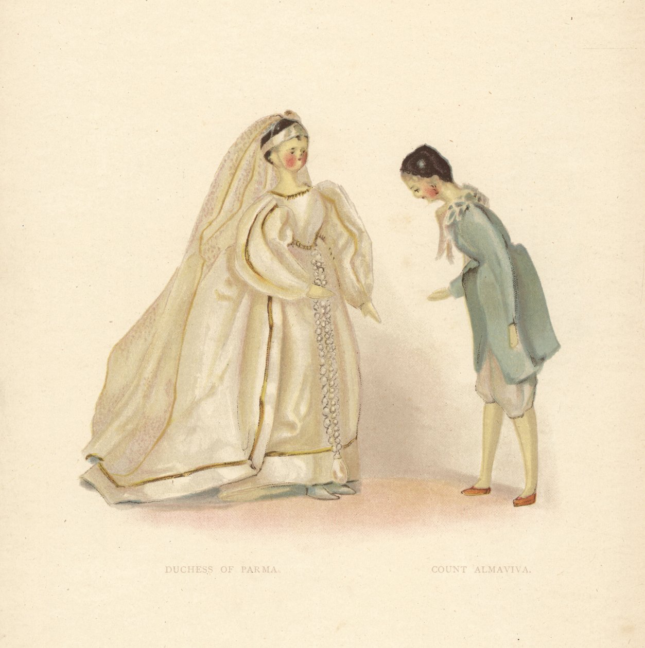 Bambole della Duchessa di Parma e del Conte Almaviva, dal Barbiere di Siviglia, vestite dalla giovane Principessa Vittoria. Tavola a colori da un