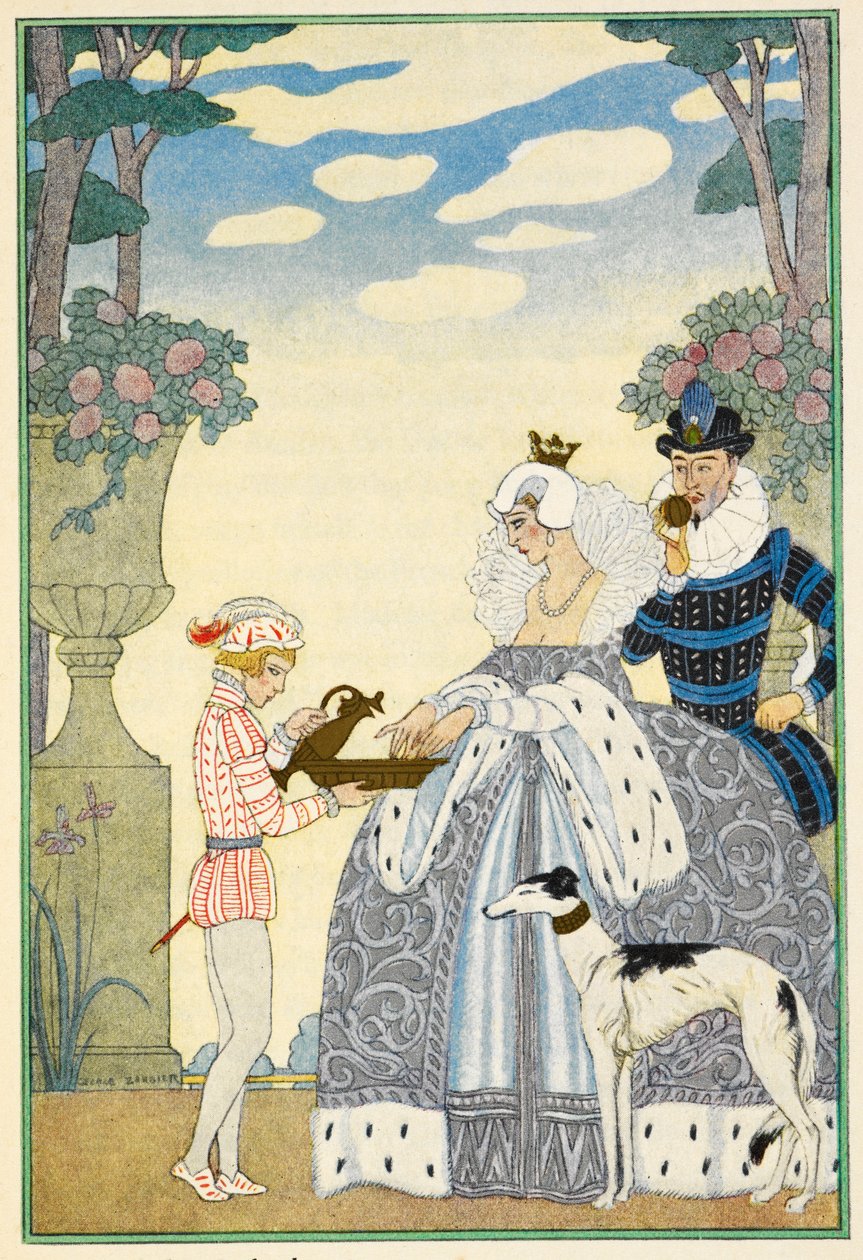 Inghilterra elisabettiana. Una signora e un gentiluomo, e un servitore. Un levriero. da Georges Barbier