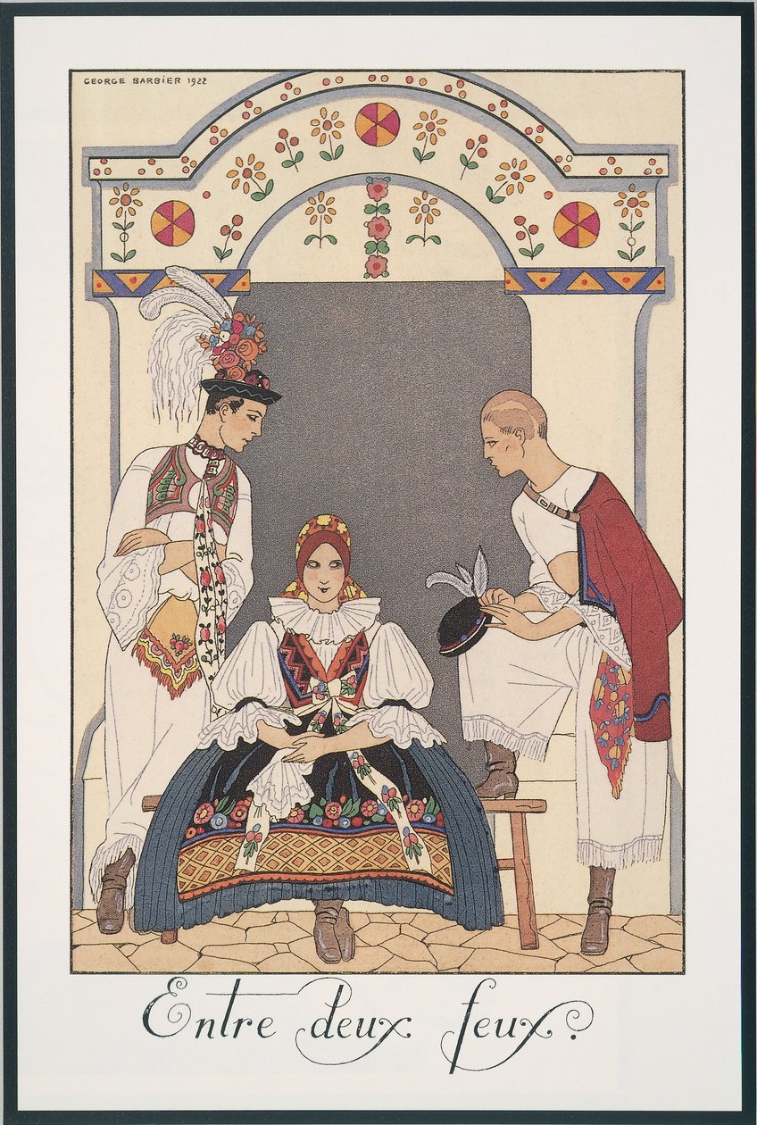 Falbalas et Fanfreluches, Almanacco per il 1923, Entre deux feux, di George Barbier, stampa da Georges Barbier
