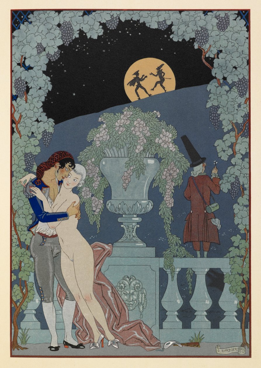 Fantoches. (Marionette) da Fêtes Galantes di Debussy, Scaramouche e Pulcinella. Uomo che abbraccia una donna nuda. Due figure in silhouette contro la luna. da Georges Barbier