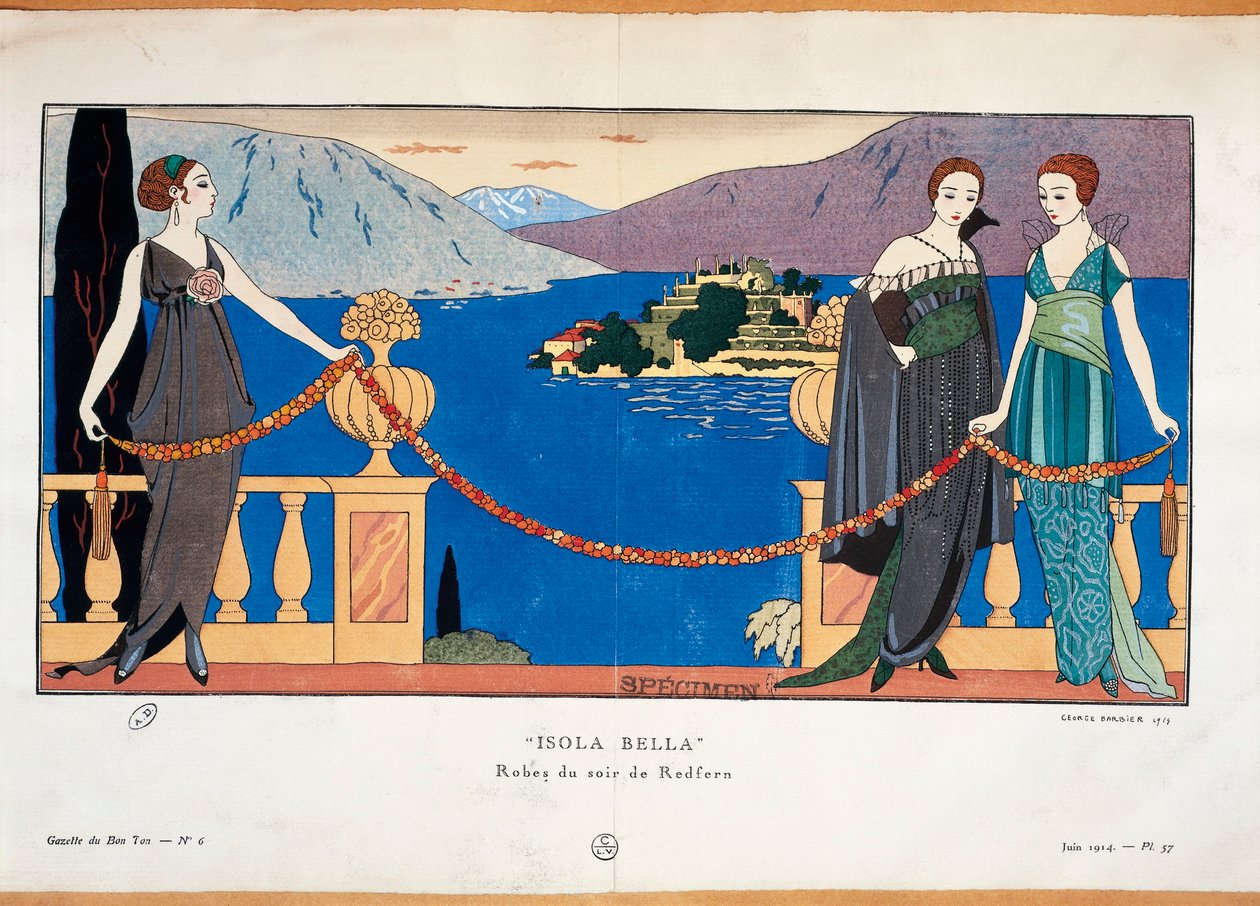 Tavola di moda di Georges Barbier che raffigura signore in abito da sera Redfern e Isola Bella Borromeo sullo sfondo, rivista di alta moda parigina Gazette du Bon Ton da Georges Barbier