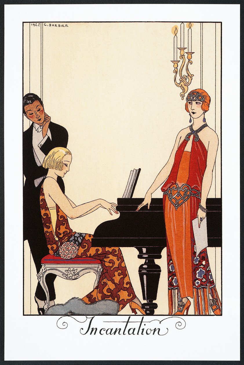 Incantazione, pianista e donna in abiti da sera, illustrazione da Falbalas et Fanfreluches, Almanacco del 1923 da Georges Barbier