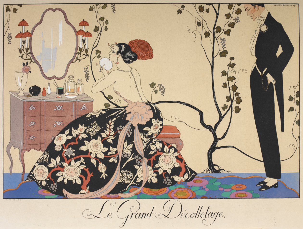 Il grande scollo. Una donna seduta al suo tavolo da toeletta, ammirata da un uomo da Georges Barbier