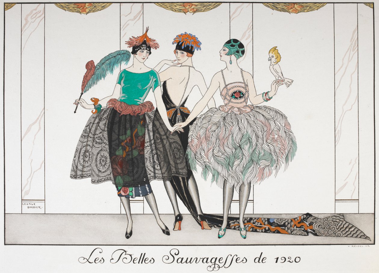 Le Belle Selvagge del 1920. Tre donne in fila che indossano abiti esotici da Georges Barbier