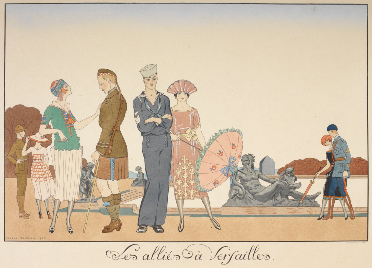 Gli alleati a Versailles. Varie rappresentazioni di soldati degli alleati. da Georges Barbier