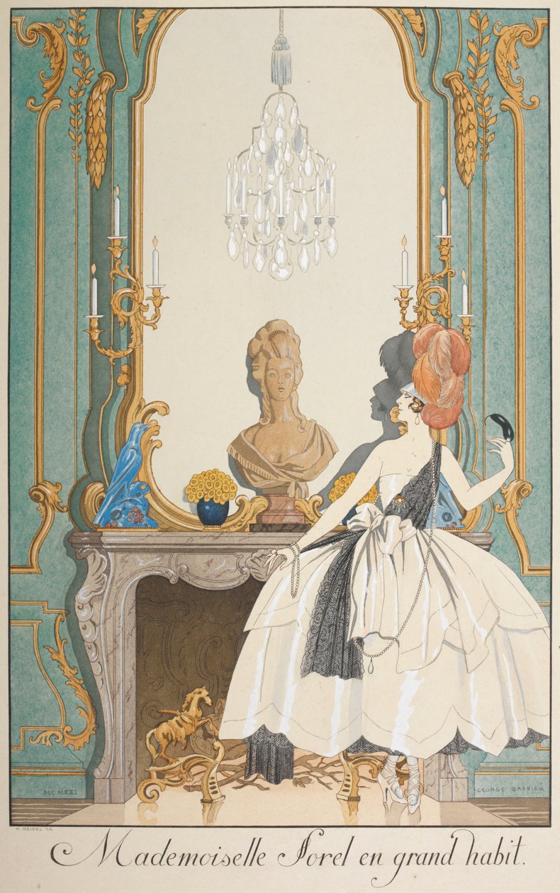 Mademoiselle Sorel in grande abito. Una donna in piedi davanti a un camino. da Georges Barbier