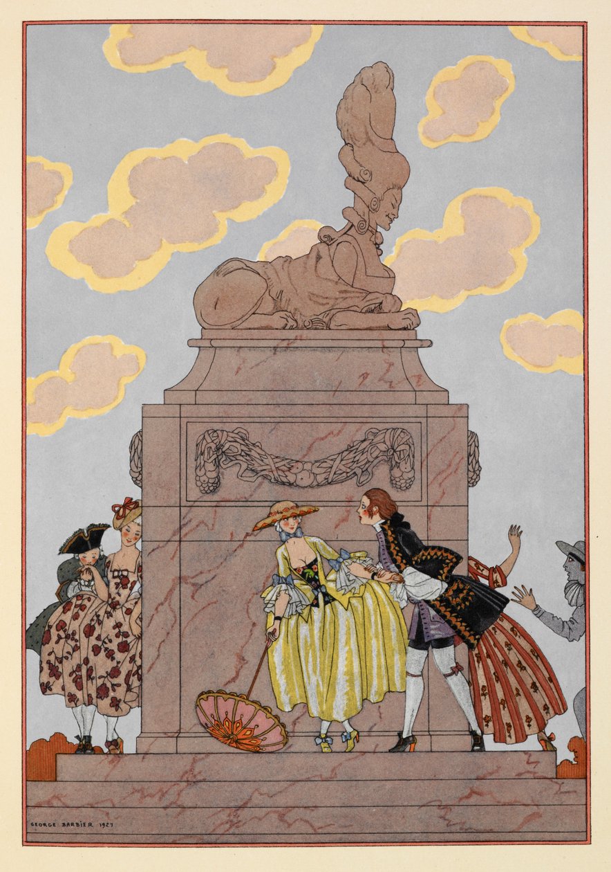 Mandolino. Persone intorno a un monumento. Una donna tiene un parasole. Nuvole significative. da Georges Barbier