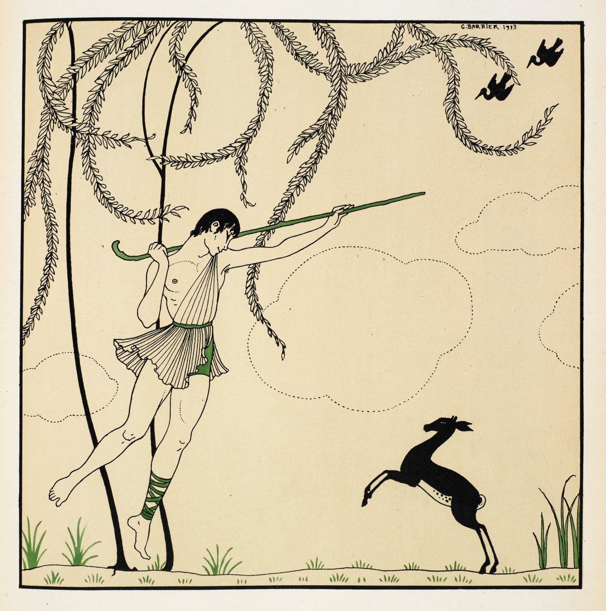 "Narcisse". Scena da Narcisse, un balletto classico eseguito in un atto. Narcisse ha debuttato nel 1911 a Monte Carlo. Il ragazzo è in aria danzando, portando un bastone da pastore, un agnello è in piedi sulle zampe posteriori. da Georges Barbier