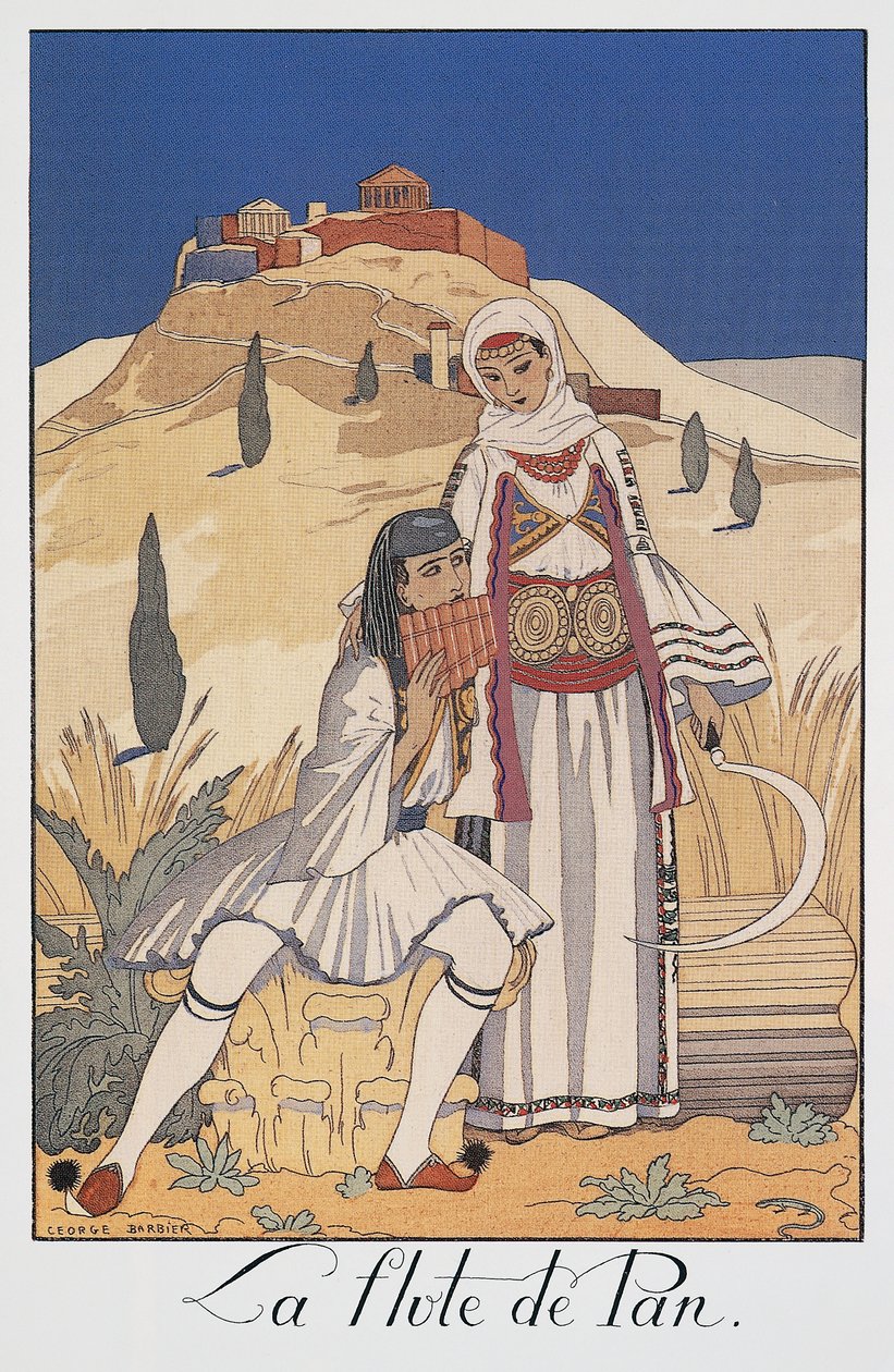 Suonatore di flauto di Pan che raffigura costumi tradizionali greci da Georges Barbier