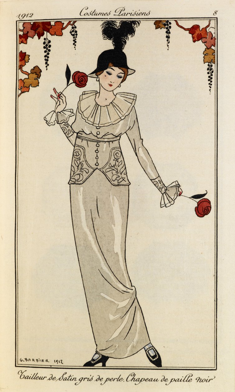 Tailleur di satin grigio perla. Cappello di paglia nero. Costumi Parigini n.8. Donna che indossa un abito di satin grigio perla e un cappello di paglia nero, con una piuma. Tiene una rosa in ciascuna mano. da Georges Barbier