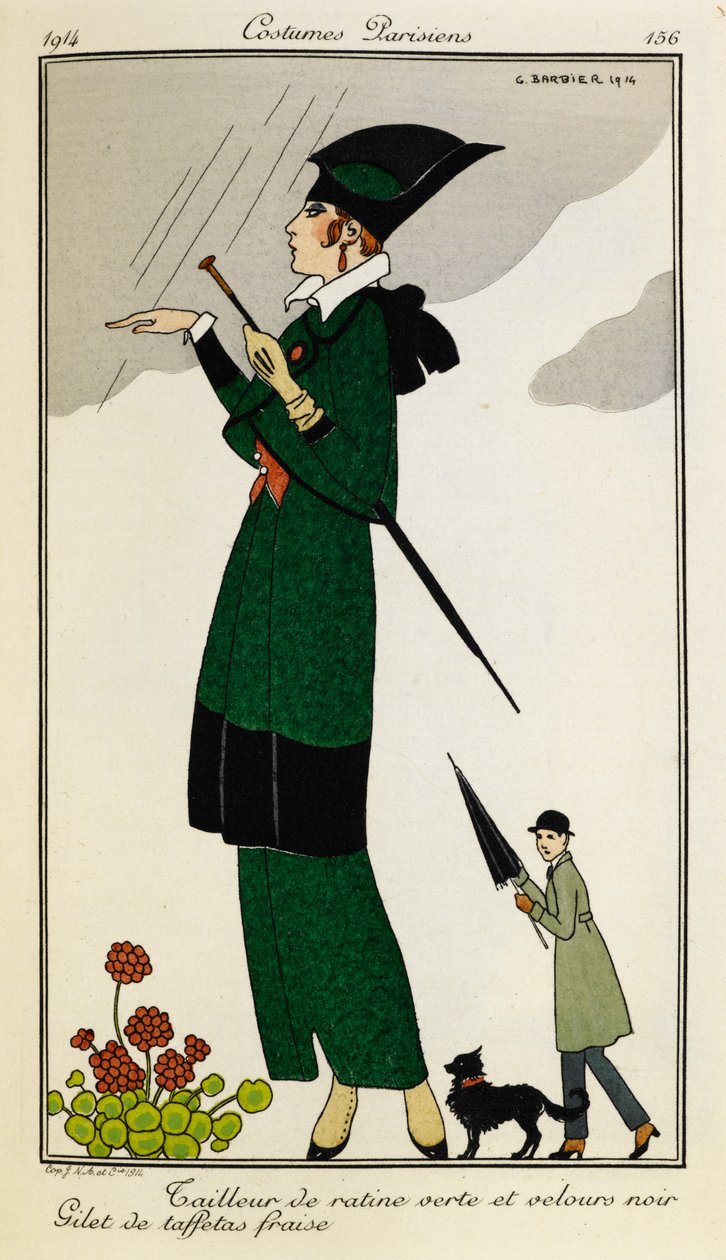 Tailleur di ratina verde e velluto nero. Gilet di taffetà fragola. Donna che indossa un abito su misura di seta verde e nera, con un gilet di seta fragola. Persona in trench con ombrello e cane sullo sfondo. Costumi parigini. da Georges Barbier