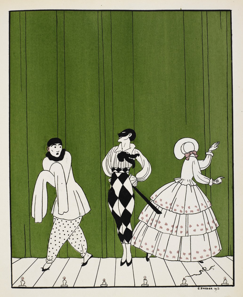Tre personaggi dal balletto del 1910, Carnaval, composto da Robert Schumann. A sinistra c