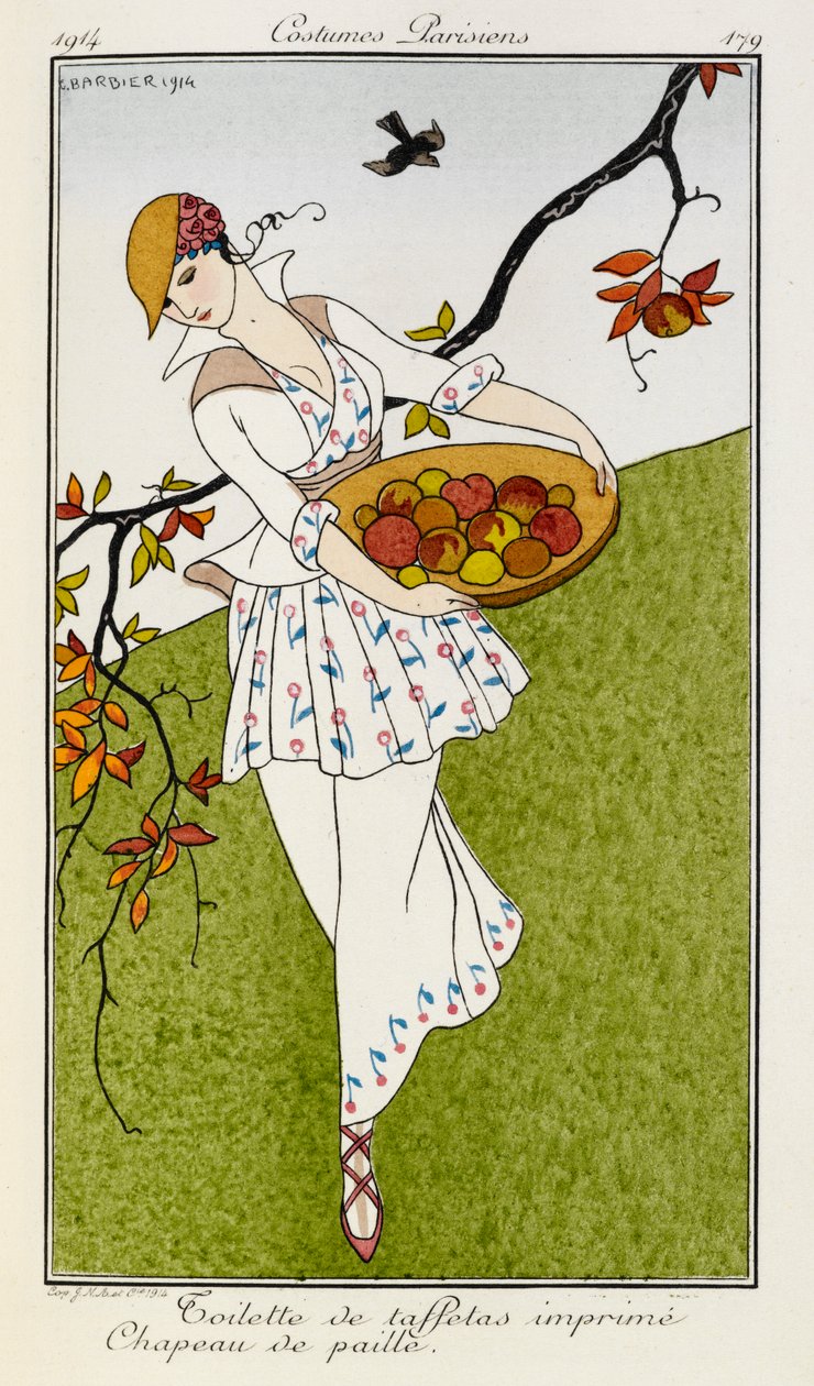 Toilette di taffetà stampato cappello di paglia. Costumi Parigini n.179. Una donna che indossa un abito stampato in seta e un cappello di paglia. Porta una ciotola di frutta. da Georges Barbier