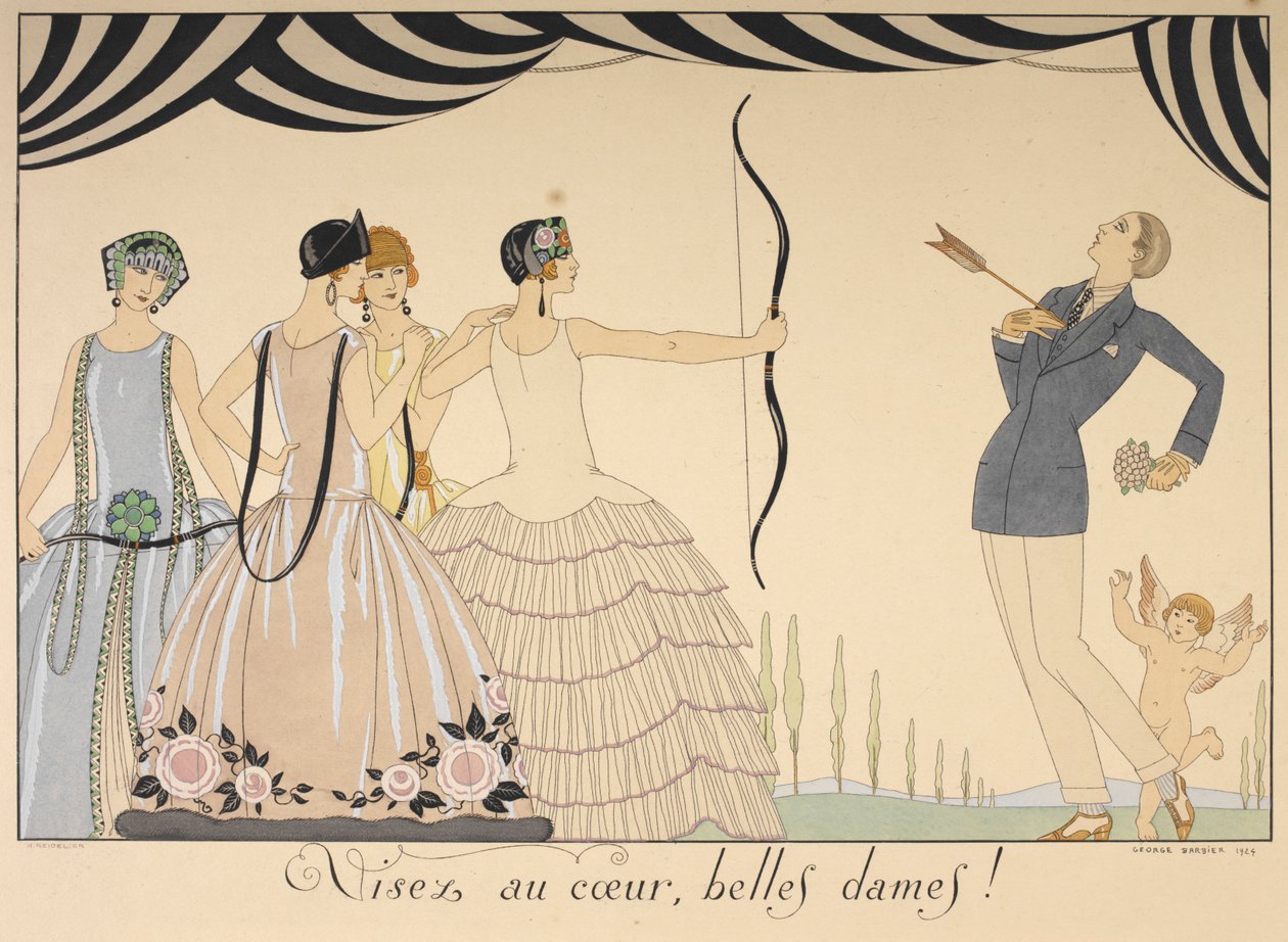 Visez au coer, belles dames. Una donna colpisce un uomo al cuore con una freccia da Georges Barbier