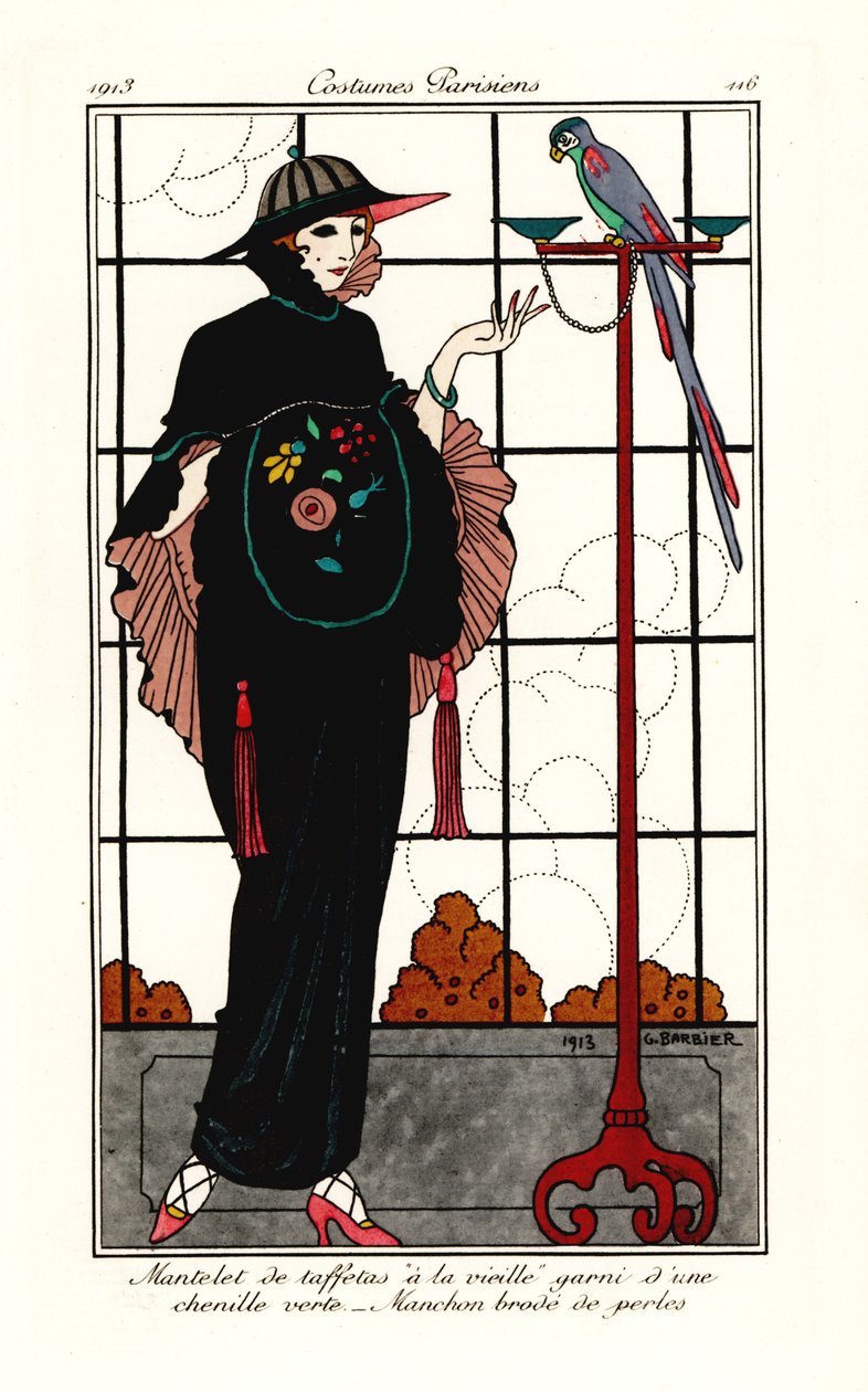 Donna in mantello di vecchio taffetà con un pappagallo da Georges Barbier