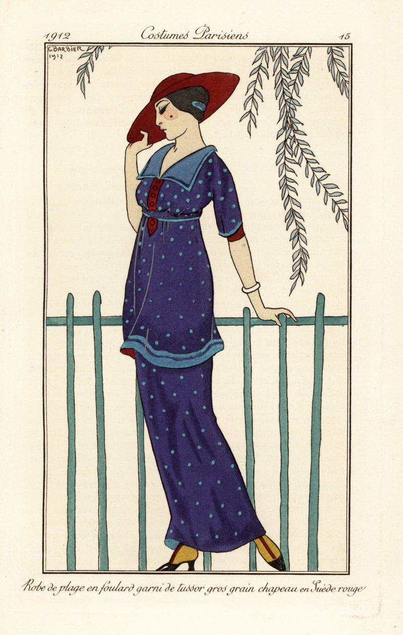 Donna in abito da spiaggia di foulard decorato con grandi pois, cappello di camoscio rosso da Georges Barbier