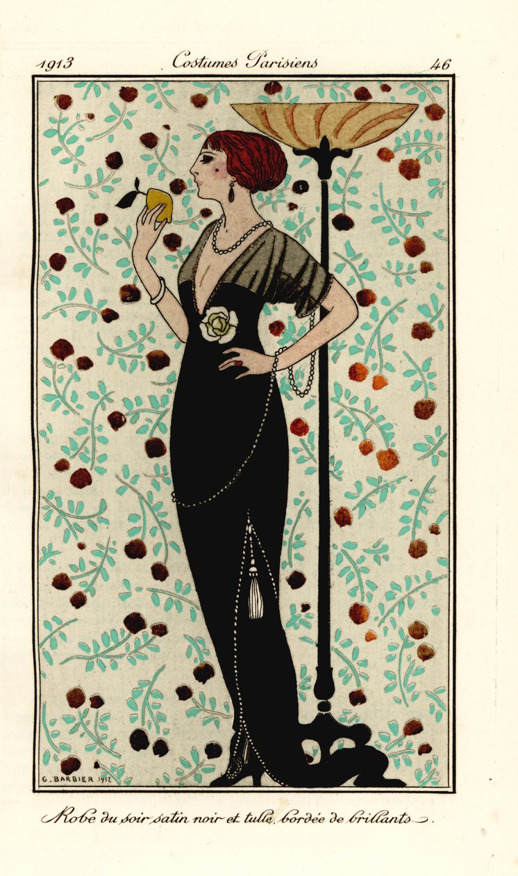Donna in abito da sera di raso nero e tulle, bordato di brillanti da Georges Barbier
