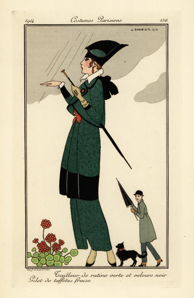Donna in abito verde ratine e velluto nero da Georges Barbier