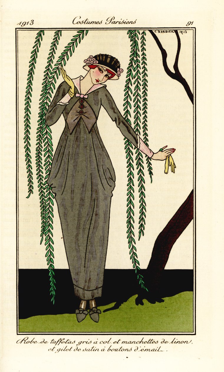 Donna in abito di taffetà grigio con colletto e polsini di lino, gilet di raso con bottoni di smalto, sotto un salice da Georges Barbier