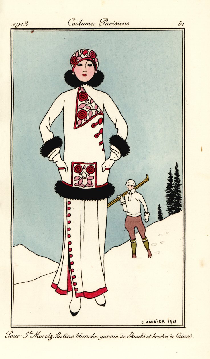 Donna in abito per St. Moritz in frisé bianco con bordi di moffetta e ricami di lana da Georges Barbier