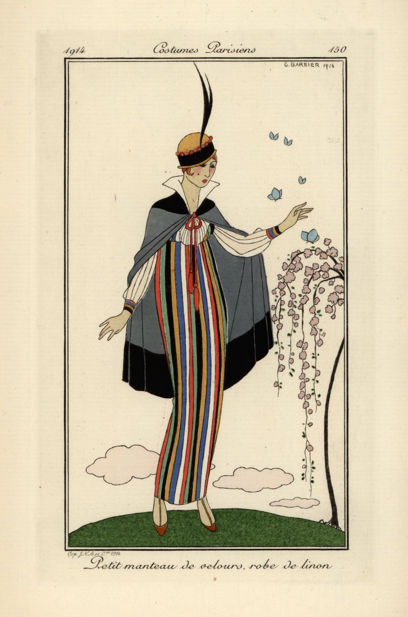 Donna in abito di lino a righe con giacca corta di velluto da Georges Barbier