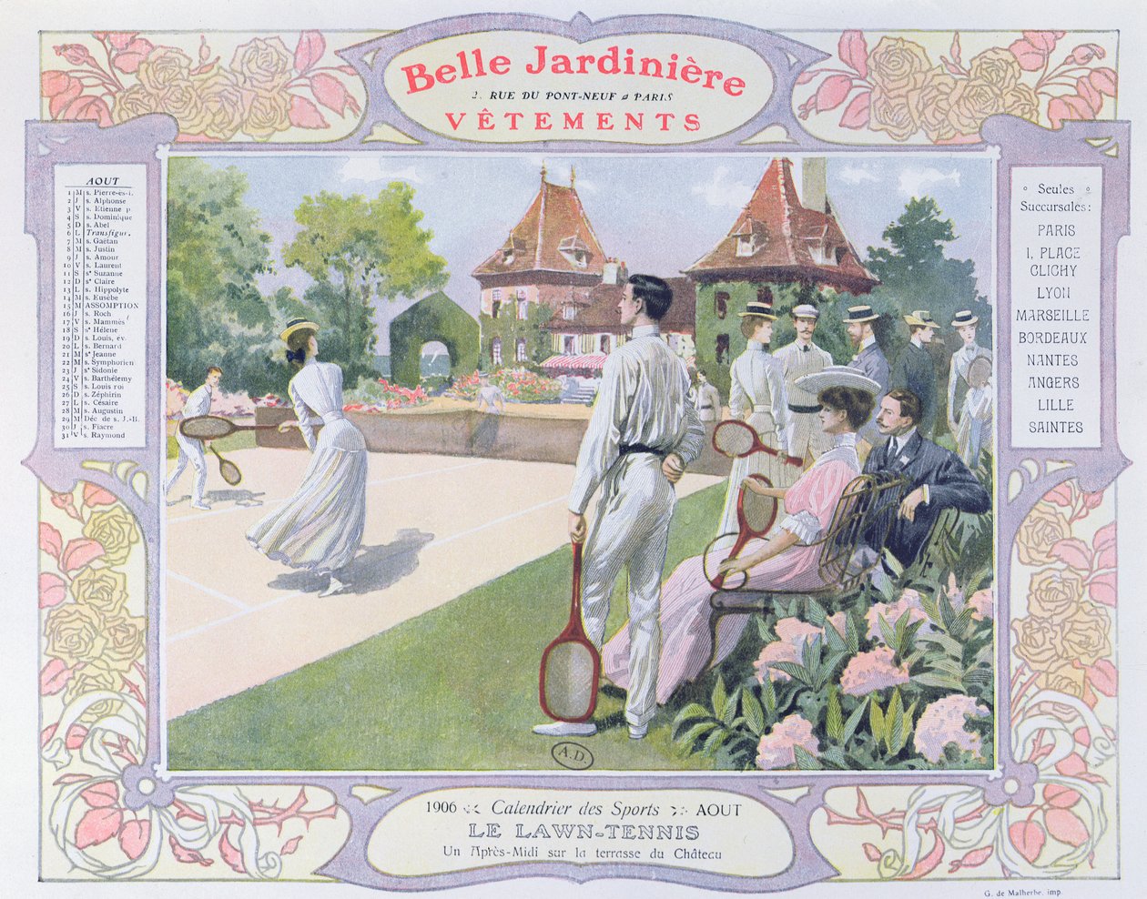 Tennis su prato, illustrazione per agosto da un calendario per il negozio di abbigliamento 