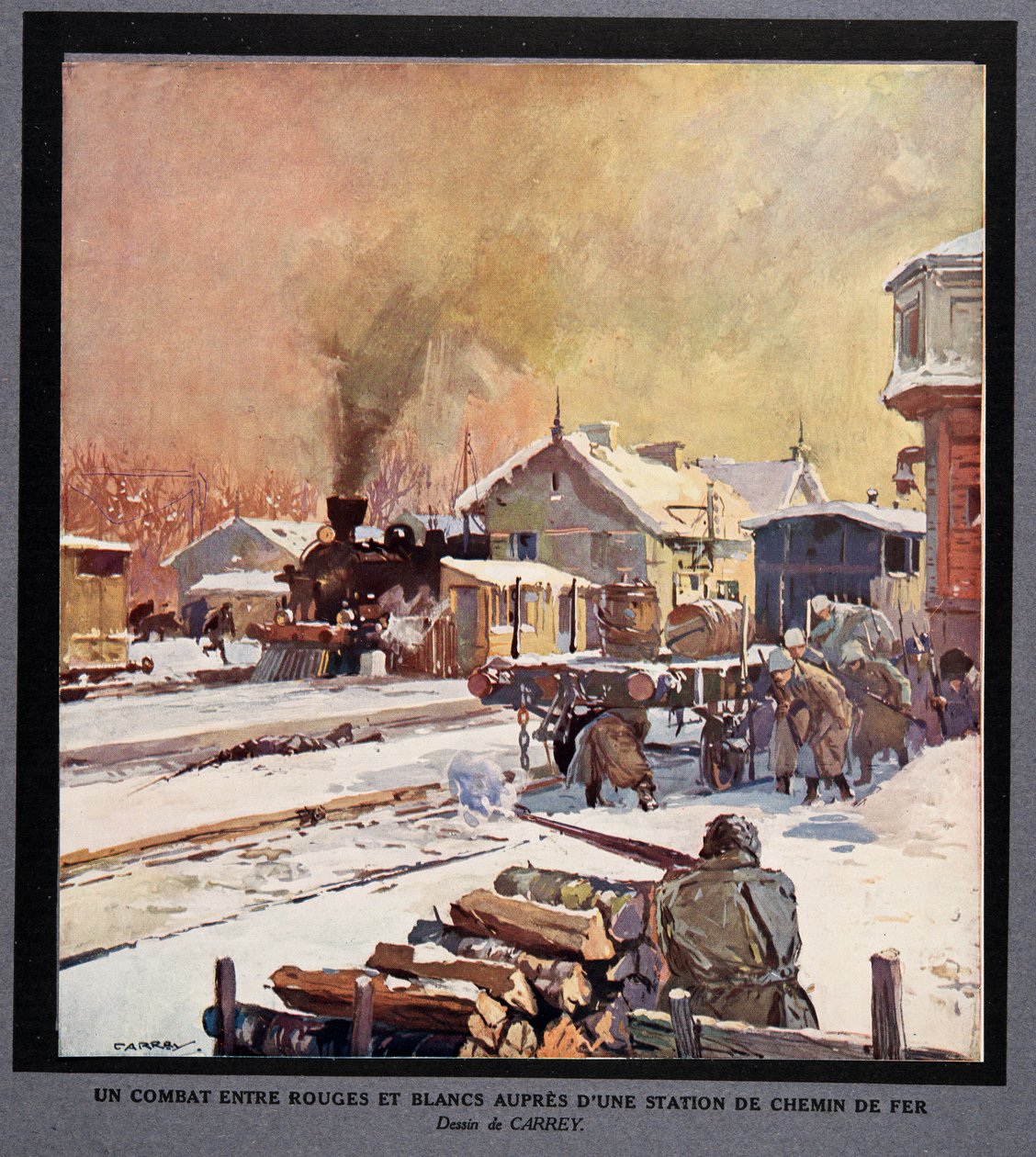 Combattimento tra la Guardia Rossa e la Guardia Bianca in una stazione ferroviaria, da Histoire des Soviets, pub. 1922 da Georges Carrey