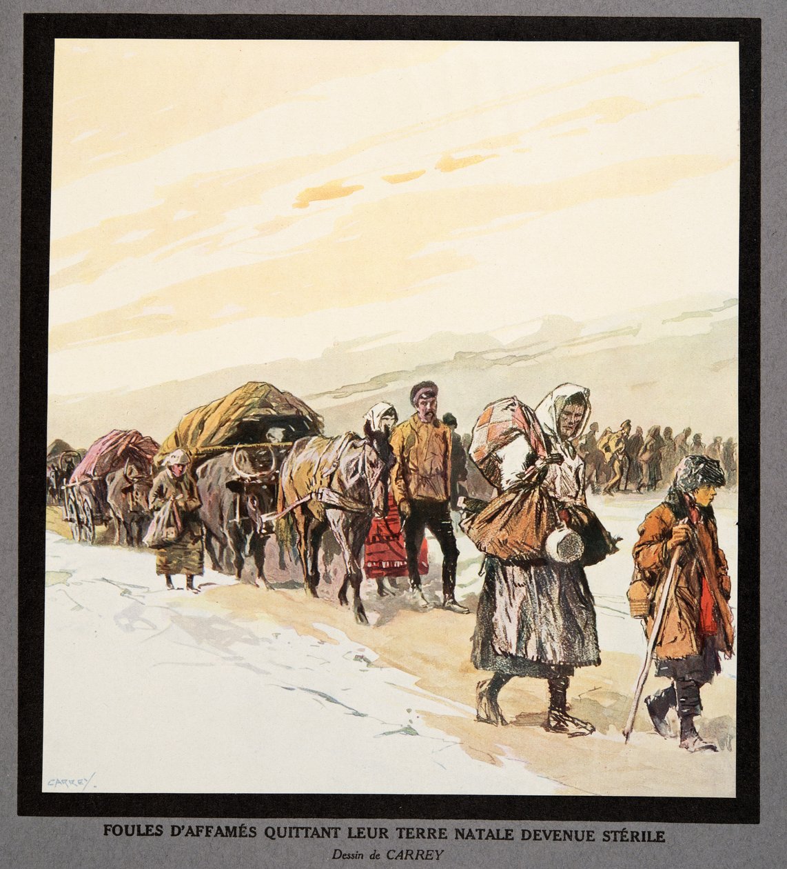 Esodo di persone affamate dalla loro terra natale, da Histoire des Soviets, pub. 1922 da Georges Carrey