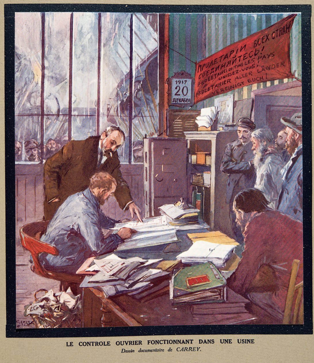 Controllo operaio in una fabbrica sovietica al tempo della Rivoluzione del 1917, da Histoire des Soviets, pub. 1922 da Georges Carrey