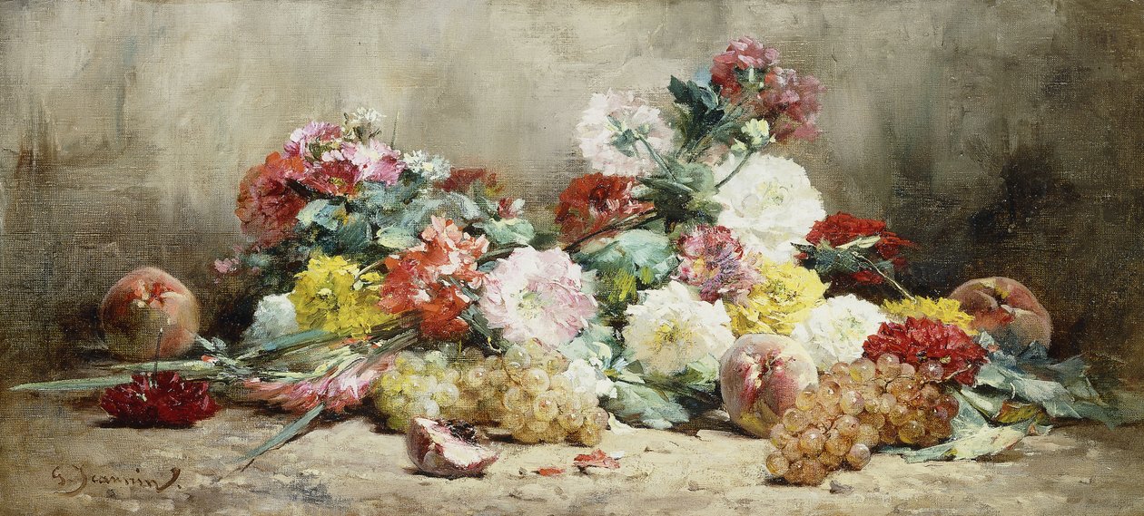 Garofani, rose, uva e pesche da Georges Jeannin