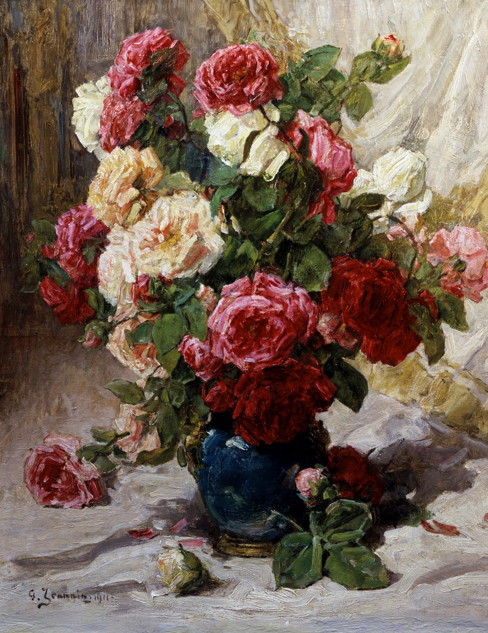 Natura morta di rose in un vaso. Dipinto di Georges Jeannin (1841-1925 francese) Collezione privata da Georges Jeannin