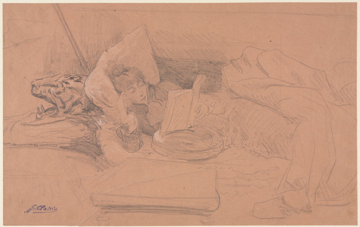 Sarah Bernhardt sdraiata su un divano, che legge da Georges Jules Victor Clairin