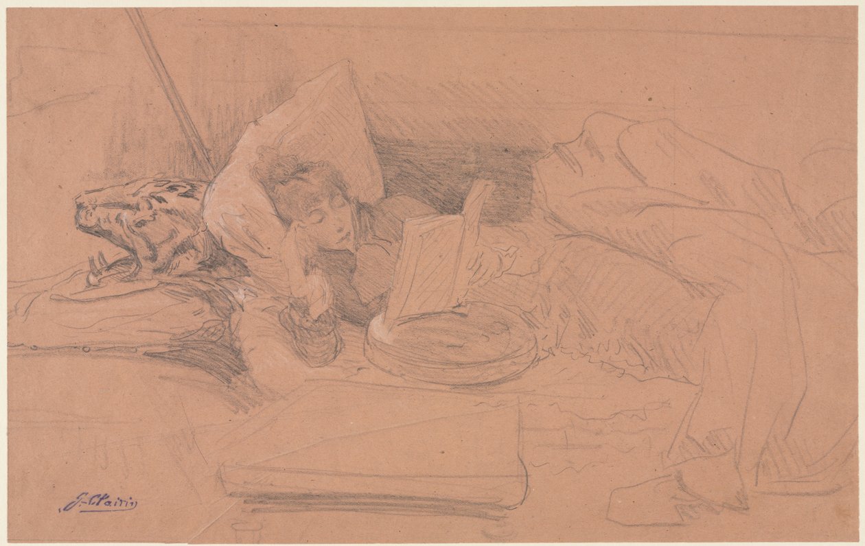 Sarah Bernhardt sdraiata su un divano, leggendo, c. 1885-1890 da Georges Jules Victor Clairin