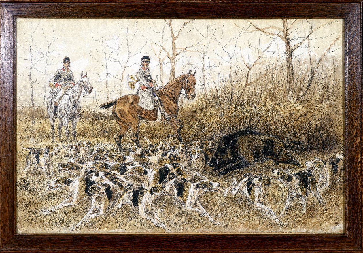 Branco di cani intorno a un cinghiale in una caccia - disegno di Georges La Roque, circa 1900 da Georges La Roque