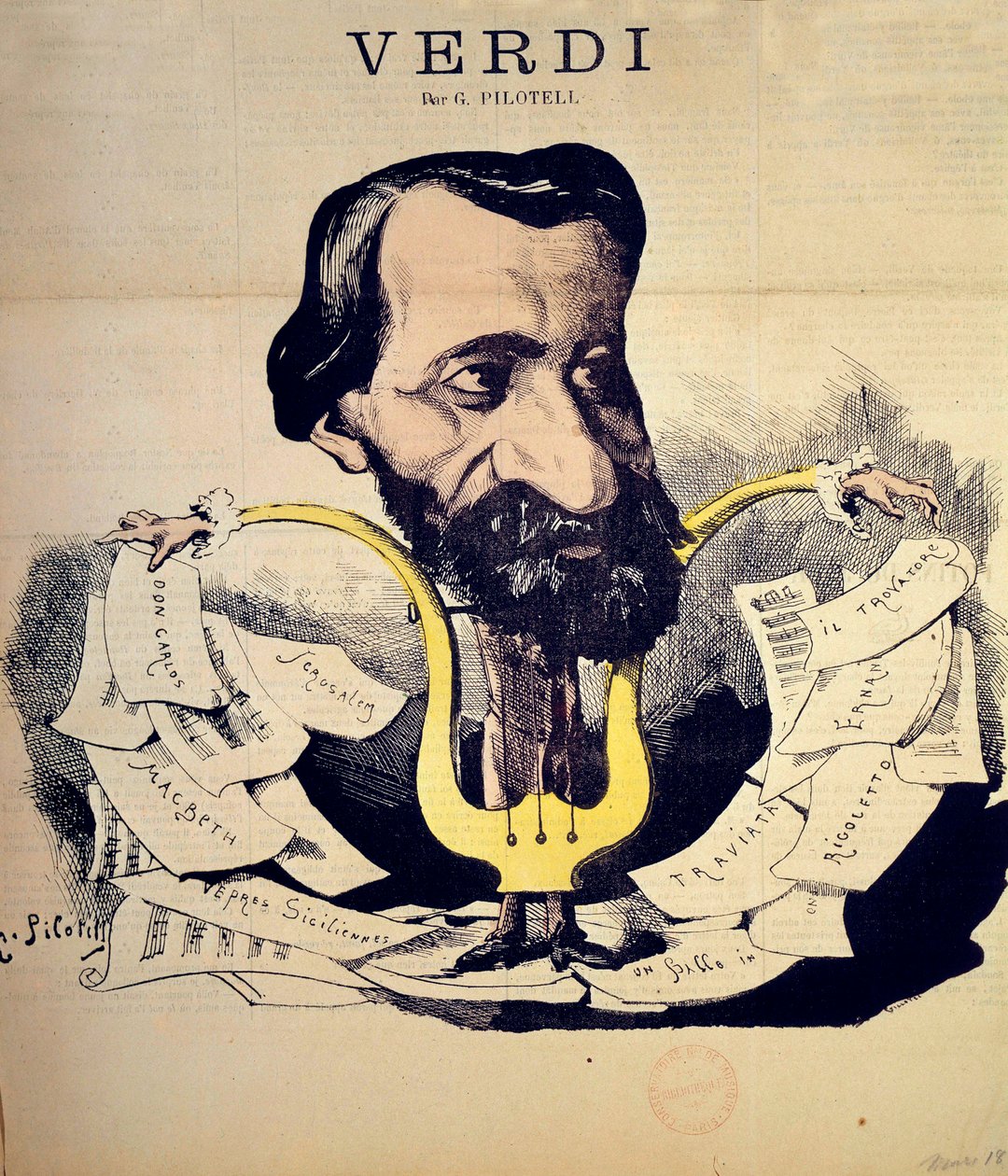 Caricatura del compositore Giuseppe Verdi (1813-1901) di Pilotell (1845-1918) marzo 1869. Conservatorio Nazionale di Musica, Parigi da Georges Labadie Pilotell