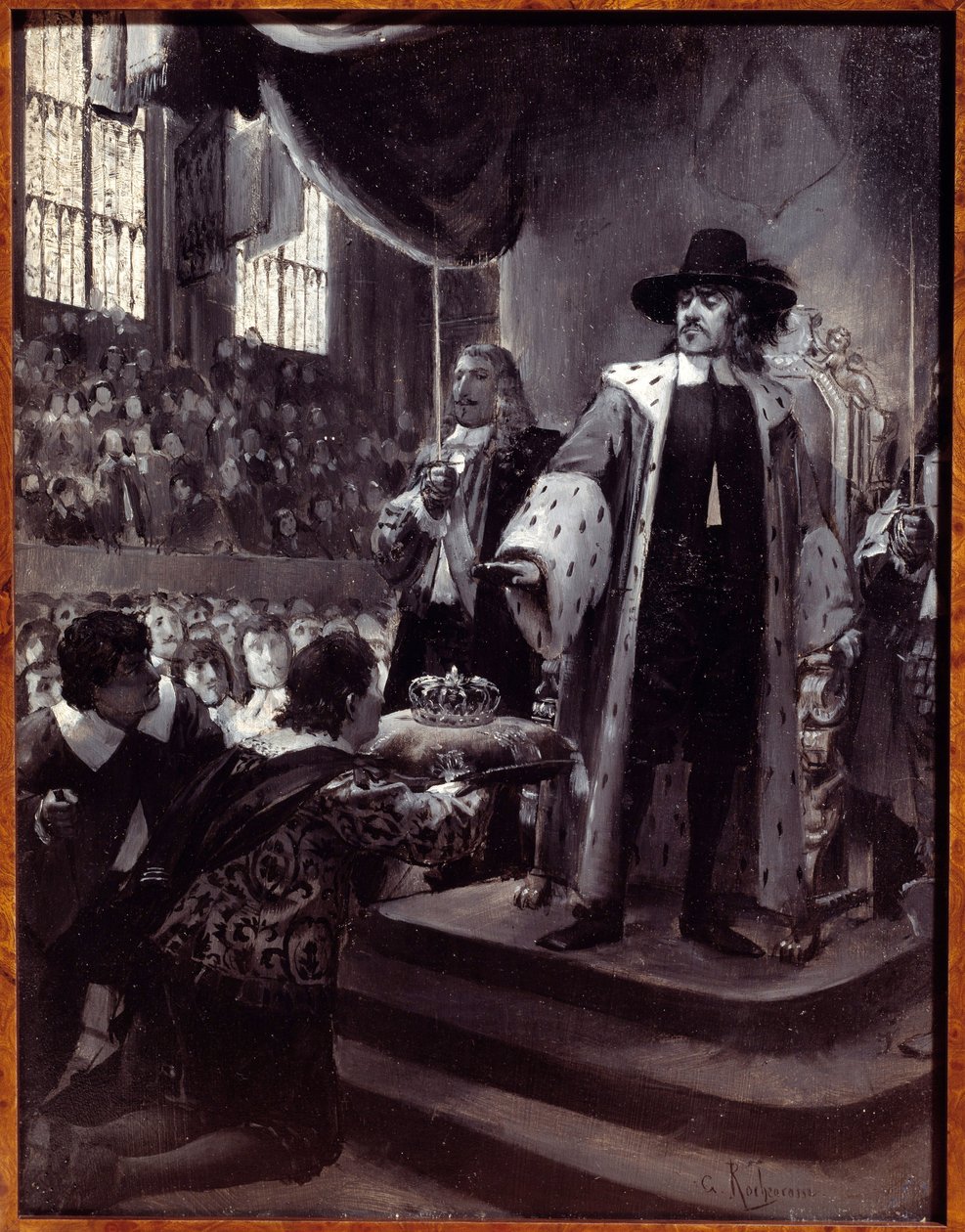 Oliver Cromwell (1599-1658) rifiuta la corona Il Lord Protettore della Repubblica di Gran Bretagna fu proposto la corona dalla Petizione Umile e Avis (Nuovo Parlamento) nel 1658. Grisaille su legno di Georges Antoine Rochegrosse (1859-1938) 19° secolo. da Georges Marie Rochegrosse