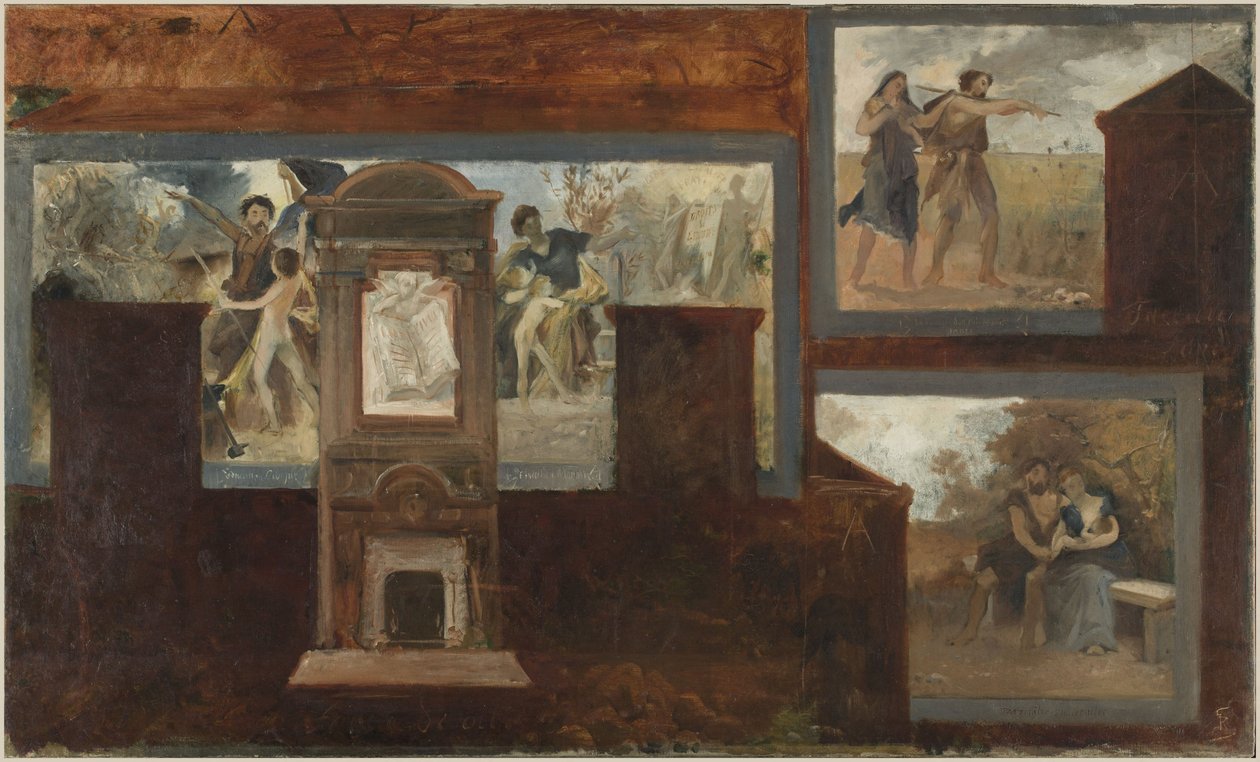 Bozzetto per il municipio del 15° arrondissement: Educazione civica. Educazione morale. Le donne devono seguire i loro mariti. Paternità. Maternità, 1884 da Georges Recipon