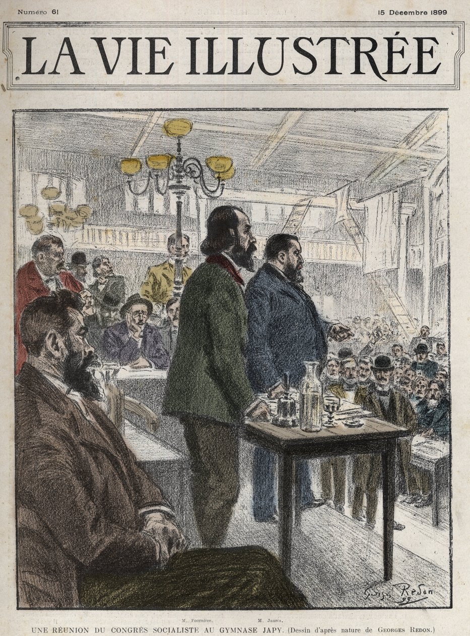 Congresso Generale delle Organizzazioni Socialiste, tenuto a Parigi nel dicembre 1899, al Gymnasium Japy - Jean Jaures (1859-1914) ed Eugene Fournier (1857-1914) disegno di Georges Redon - la vie illustree del 1899 da Georges Redon