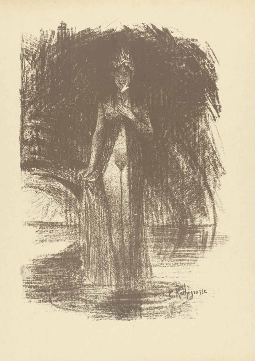 Donna nuda con fiore in piedi in acqua bassa come apparizione da Georges Rochegrosse