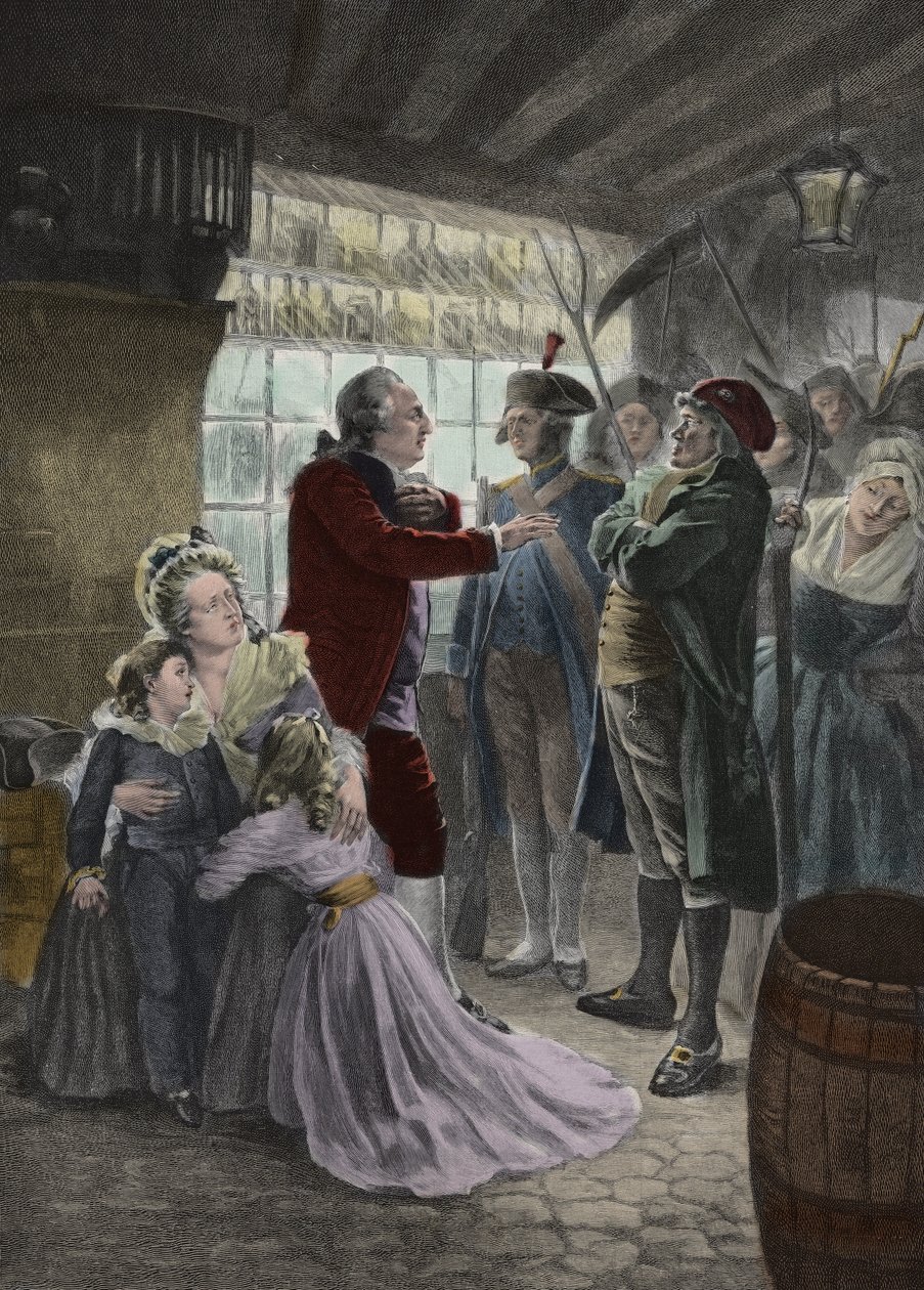 Rivoluzione Francese: 21 giugno 1791 La famiglia reale (Luigi XVI Re di Francia, la Regina Maria Antonietta e i loro due figli Madame Elisabeth la sorella del re e la governante dei bambini) catturata nella locanda di Varennes (Varennes-en-Argonne) durante da Georges Roussin