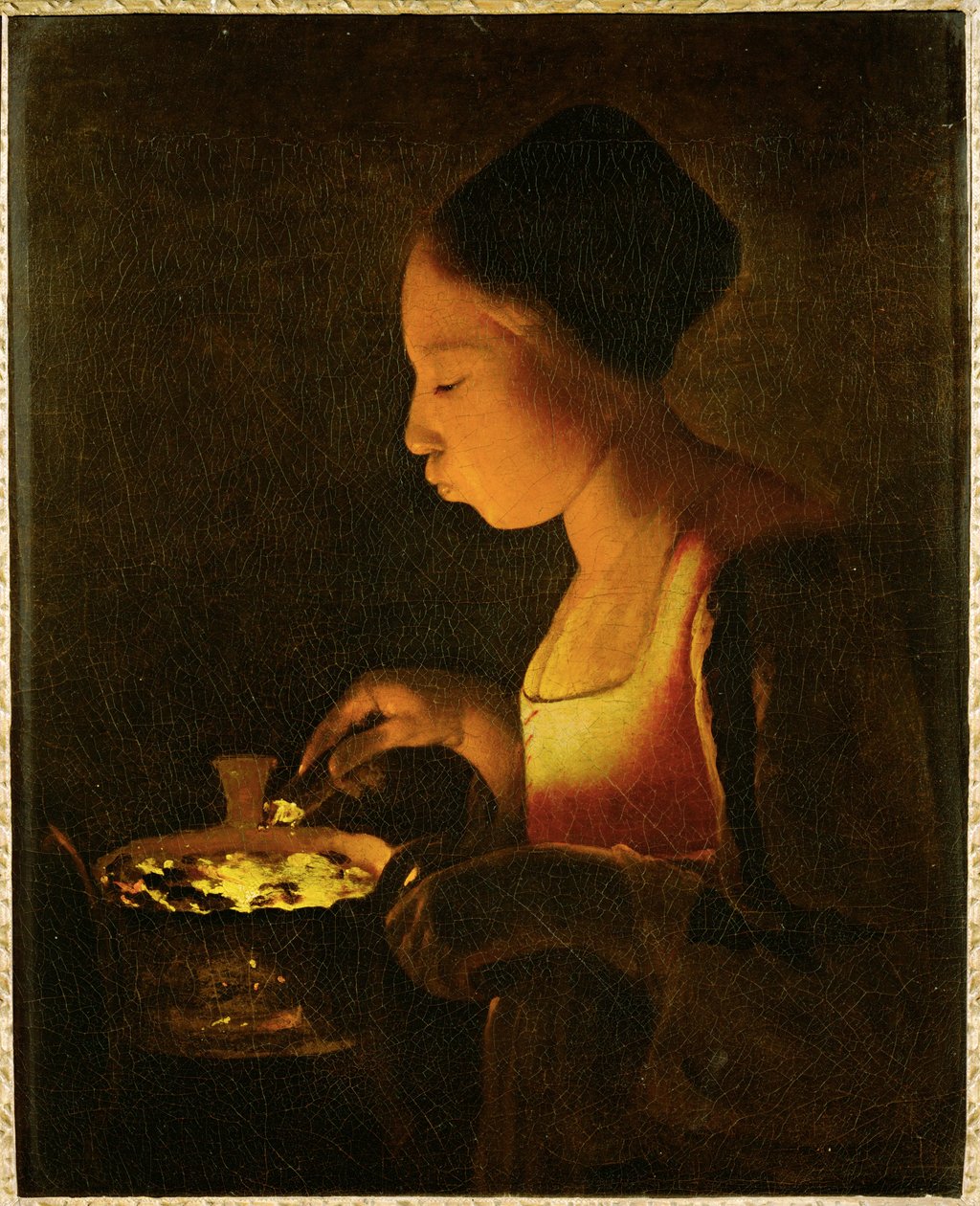 Ragazza che soffia su un braciere (dipinto su tela) da Georges de la Tour