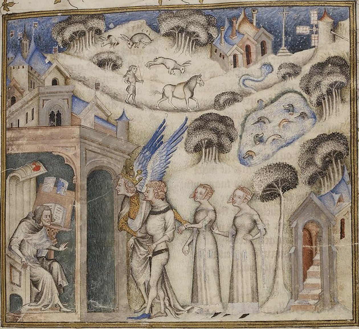 Amour che conduce i suoi figli Dolce pensiero, piacere e speranza a Guillaume de Machaut, dal Maestro della Bibbia di Jean de Sy 1372-77 (42374611771) da Georgia Levan Ramishvili from Tbilisi