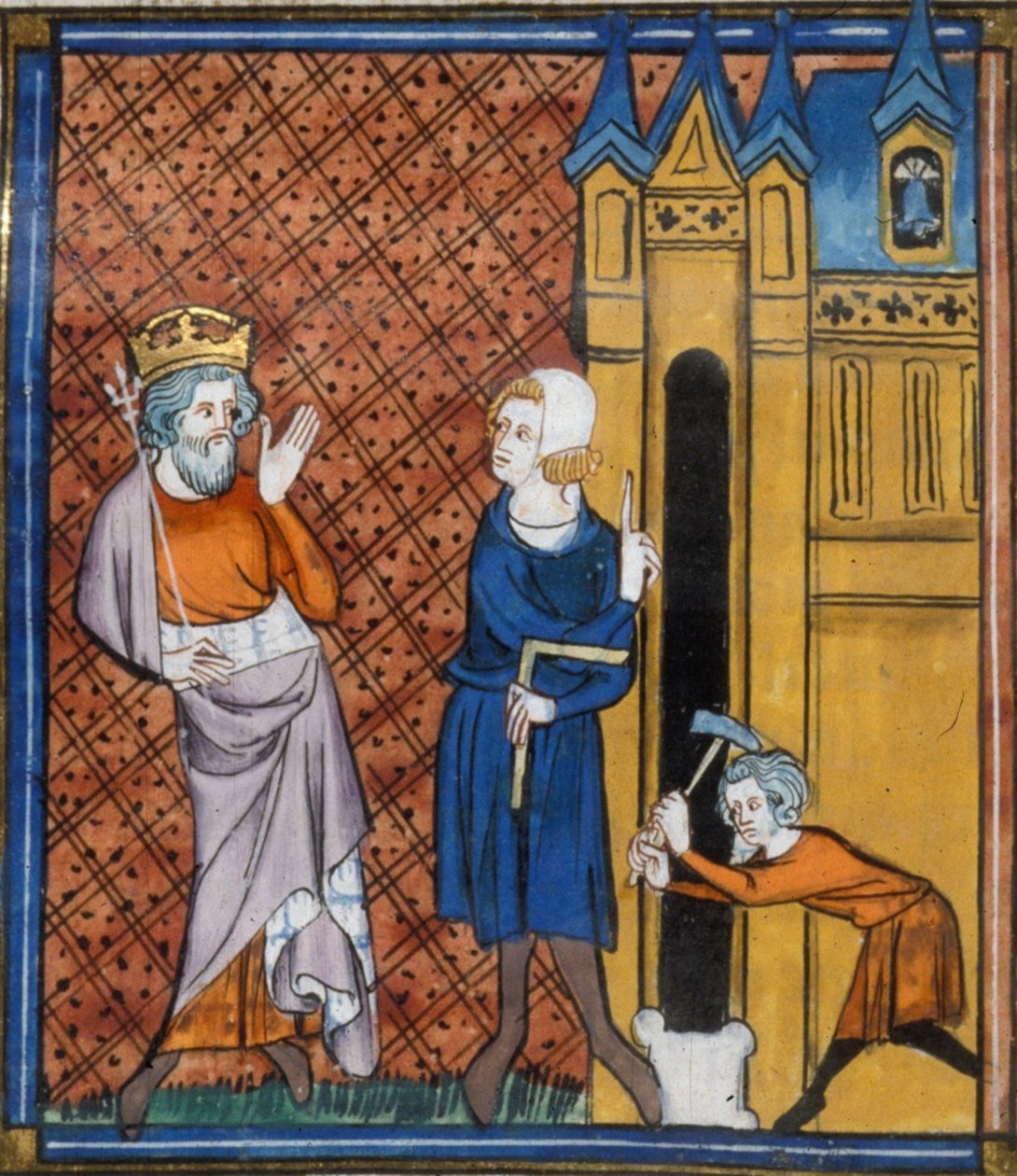 Carlo Magno che costruisce la cattedrale di Aix, da Chroniques de France ou de St Denis, XIV secolo (22716435125) da Georgia Levan Ramishvili from Tbilisi