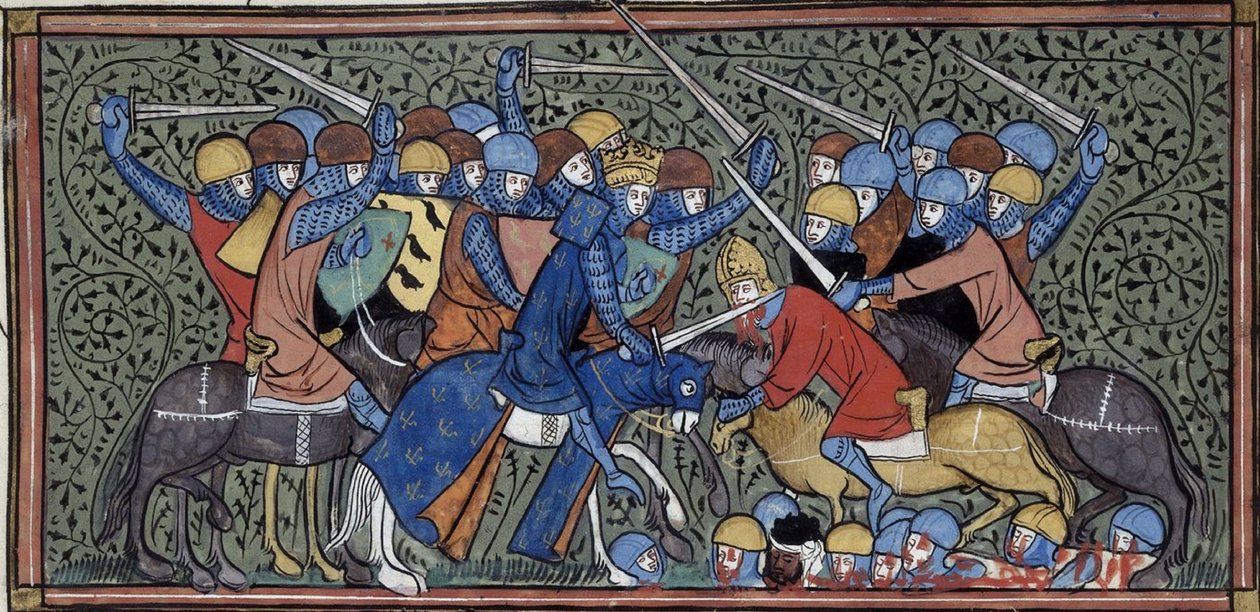 Carlo Martello che sconfigge Eudo e i Saraceni, Grandes chroniques de France, Royal 16 G.VI, f.117v, 1332-1350 circa (22727638241) da Georgia Levan Ramishvili from Tbilisi