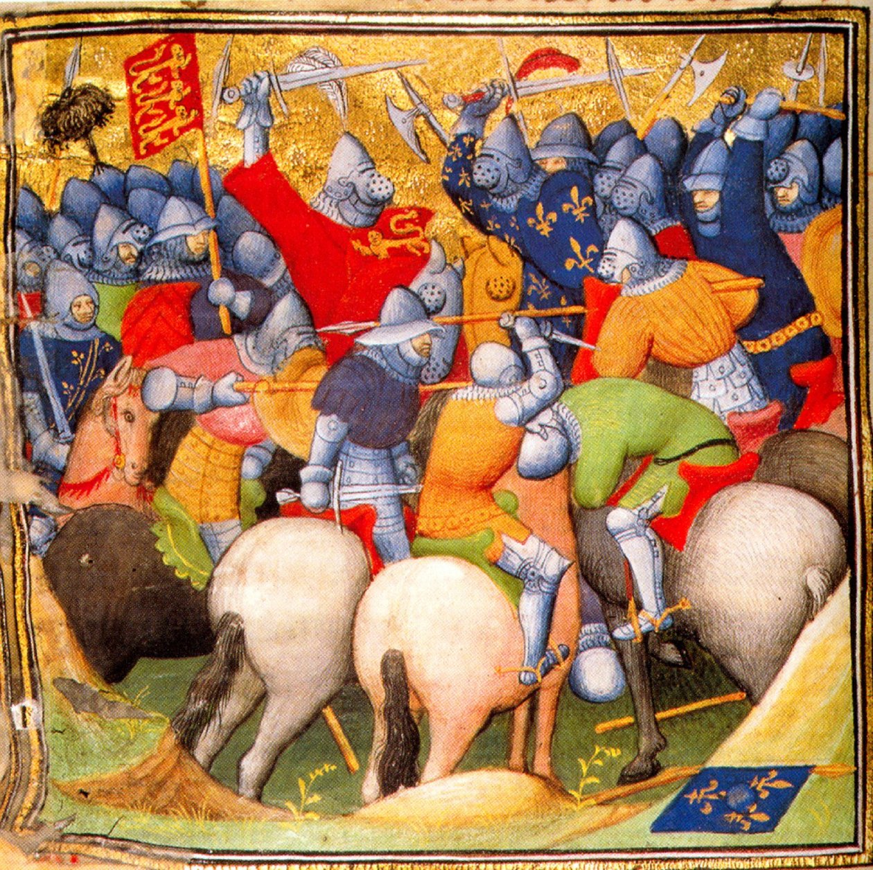 Inglesi che combattono contro i cavalieri francesi nella battaglia di Crécy del 1346, Grandes Chroniques de France, 1415 (26228020225) da Georgia Levan Ramishvili from Tbilisi