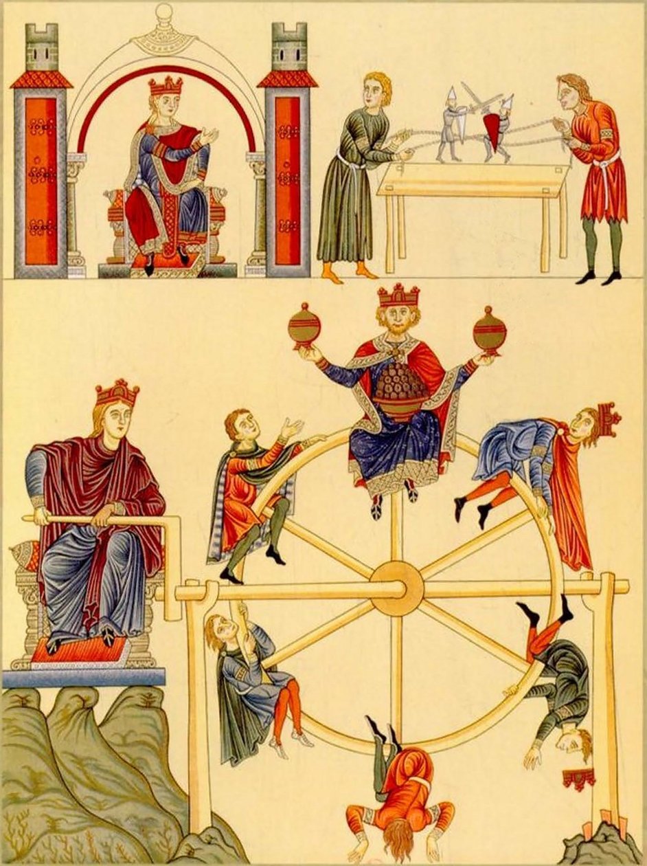 Cavalieri-pupazzi combattenti e ruota della fortuna dall