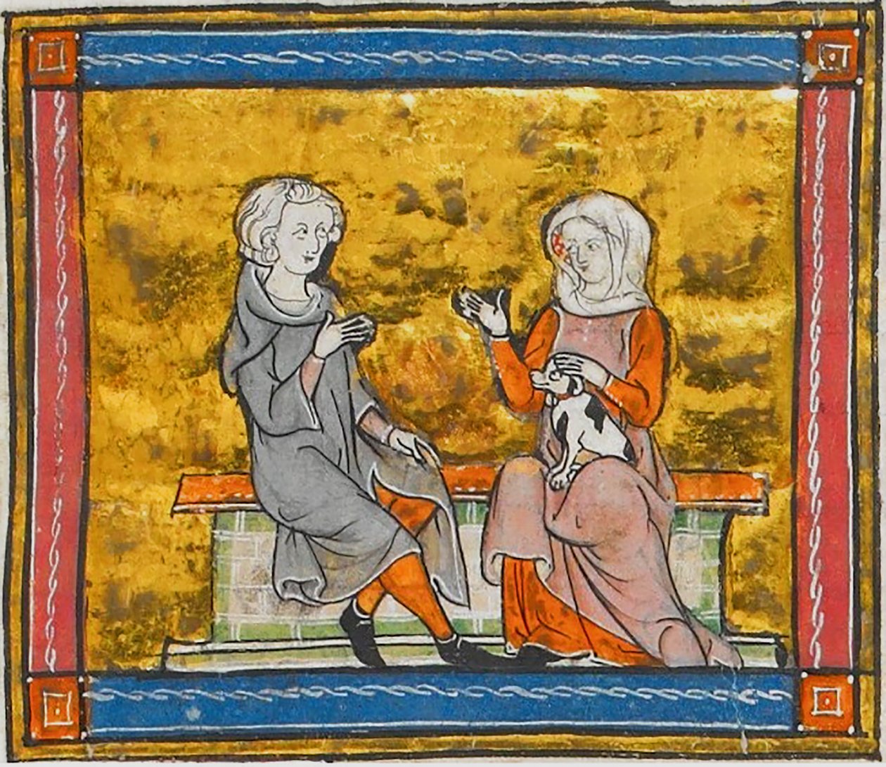 Lancillotto a colloquio con una dama che tiene in mano un cagnolino bianco e nero, da Morte Artu, 1315-1325 circa (41067329535) da Georgia Levan Ramishvili from Tbilisi