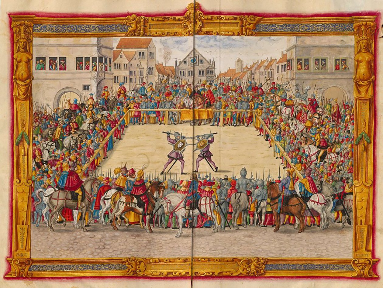 Il maresciallo Wilhelm von Dornsberg e Theodor Haschenacker a duello nel mercato del vino di Augusta, da Fechtbucher di Jörg Breu il Giovane, 1544 circa (48108343966) da Georgia Levan Ramishvili from Tbilisi